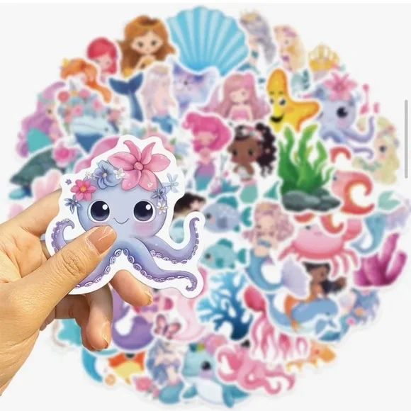 Cute Mermaid & Sea Friends 50 Stickers Fish Shells Pastel Pink, Blue, Purple - Picture 9 of 9